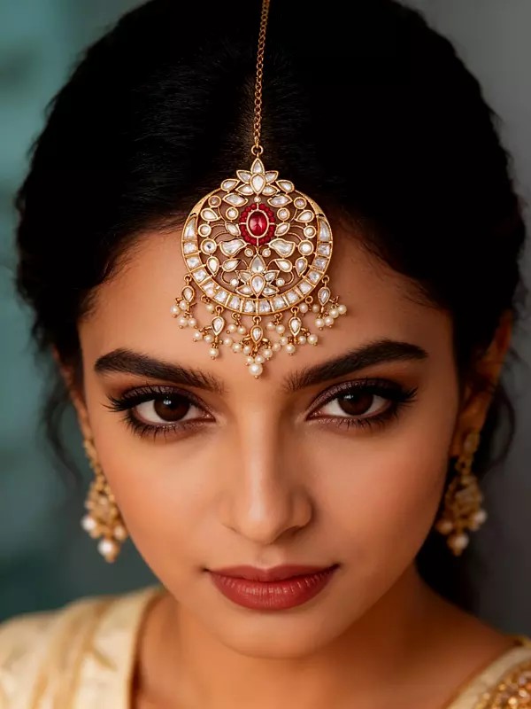 Floral Polki Stone Studded Pearl Drop Maang Tikka