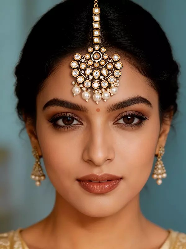 Floral Moon Polki Studded Maang Tikka with Pearl Drop