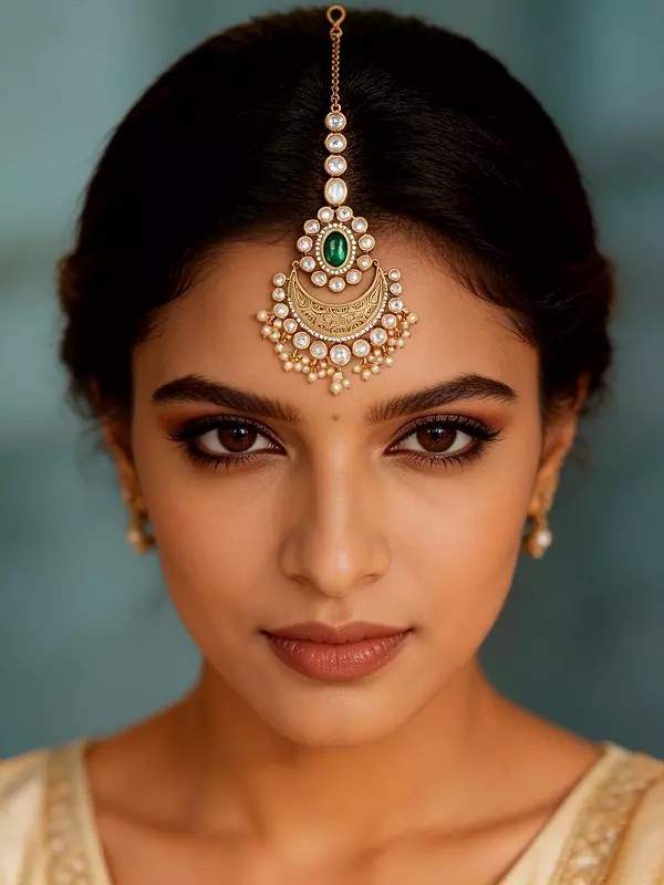 Crescent Moon Maang Tikka with Polki Stones and Pearl Dangles