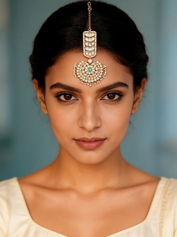 Stone Studded Maang Tikka with Pearl Drops - Floral Crescent Design