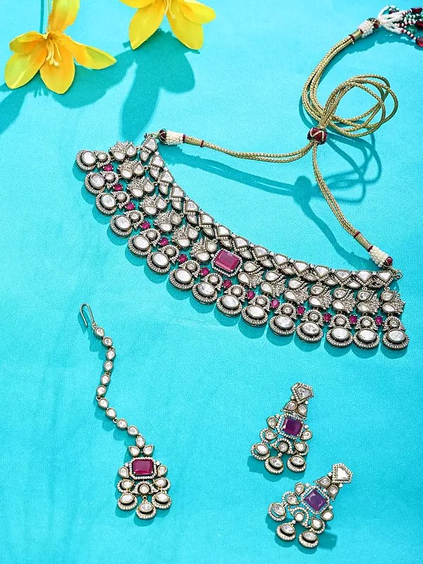 Ruby Pink Kundan Choker Necklace Set with Maang Tikka and Teardrop Danglers