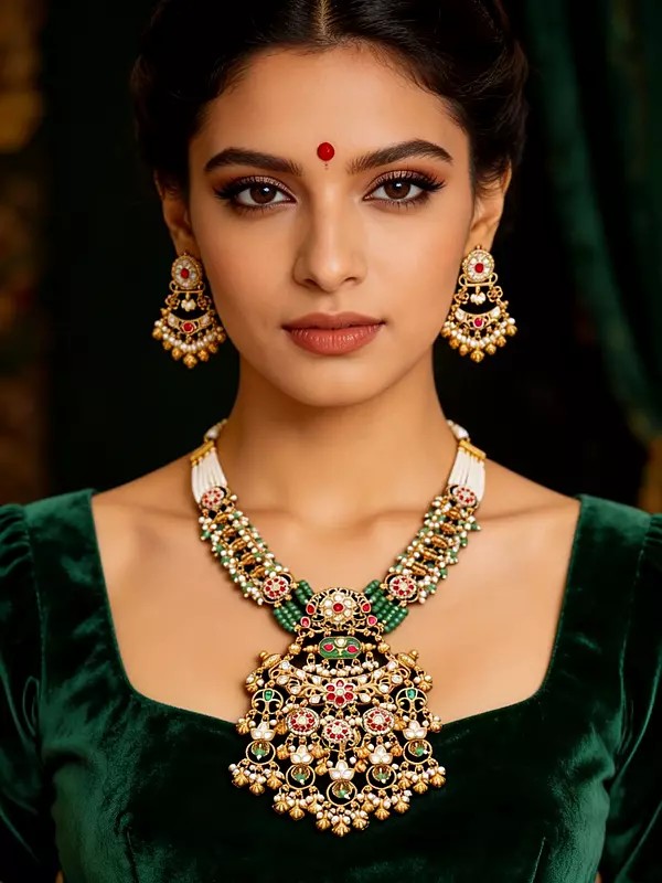 Polki Stone Studded Necklace Set with Ghungroo Drop