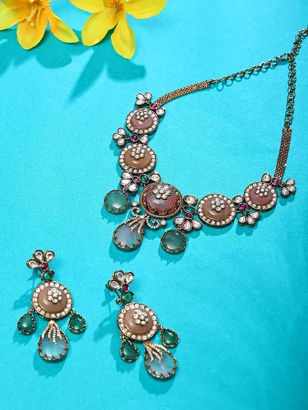 Floral Pastel Stone Kundan Necklace Set with Green Drop Earrings