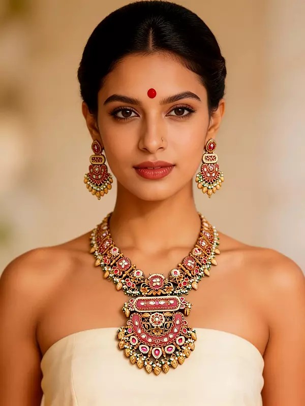 Rajwadi Style Kundan Meenakari Necklace Set with Pearl Drops