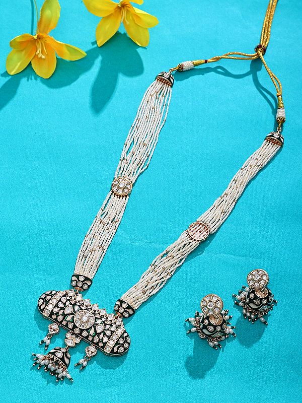 White Beaded Multi-Strand Kundan Necklace Set with Meenakari Detailing