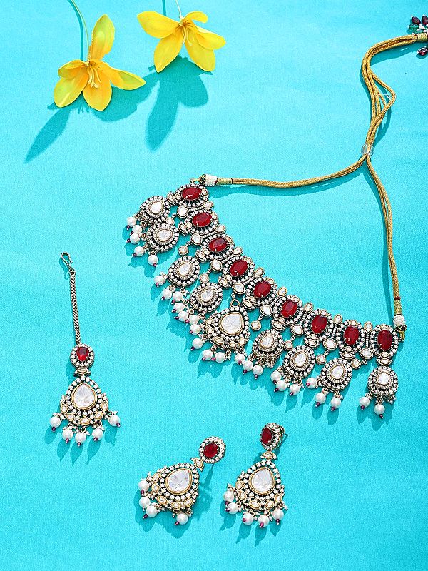Statement Red Polki Choker Set with Pearl Dangles and Maang Tikka