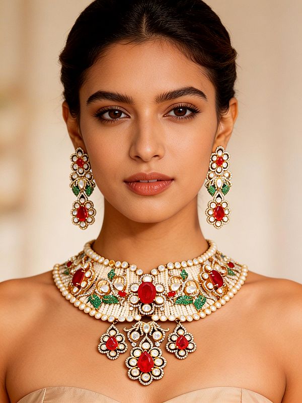 Kundan Necklace Set with Red Stones and Pearl Strand Base