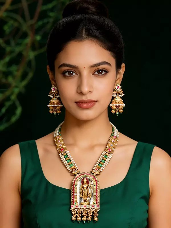 Temple Design Lord Rama Beaded Kundan Necklace and Earring Set
