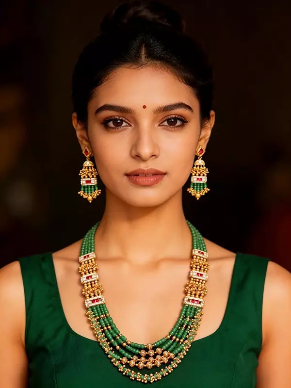 Green Beaded Kundan Necklace Set with Earrings