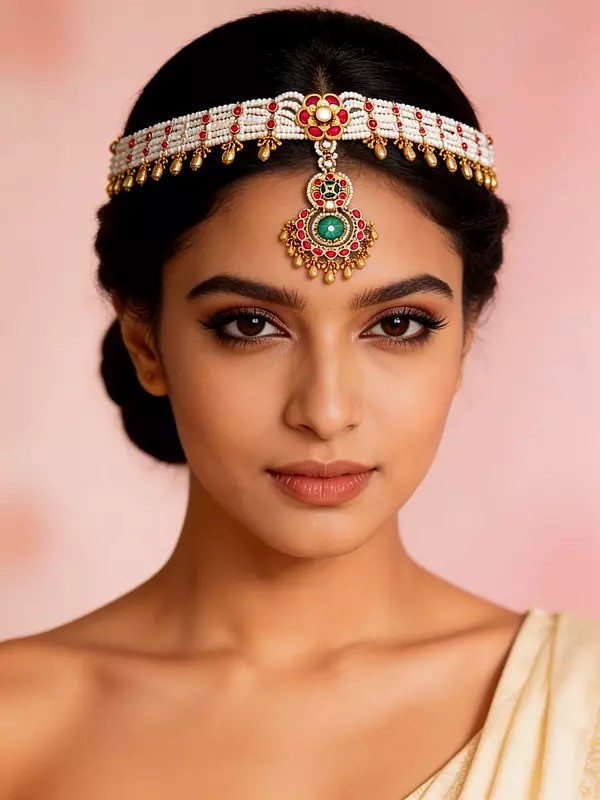 White Beaded Multi-Strand Kundan Matha Patti With Ghungroo