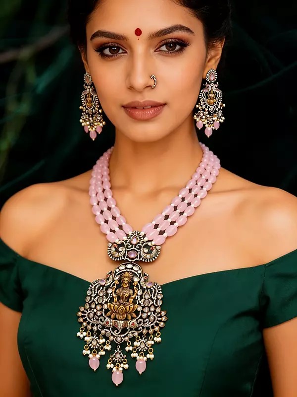 Pink Beaded Multi Strand Goddess Lakshmi Necklace Set with Bead Drop Earrings