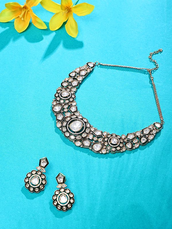Kundan Polki Necklace Set with Green Enamel Earrings