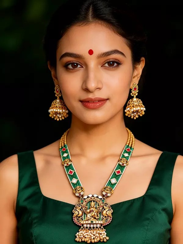 Goddess Lakshmi Kundan Necklace and Earring Set | Beaded Multi Strand Design