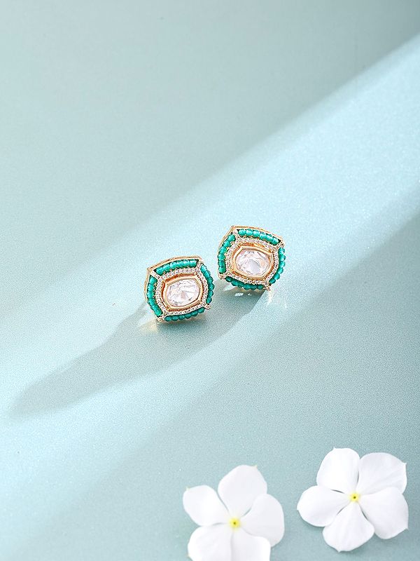 Geometric Kundan Stud Earrings with Pearl Detailing