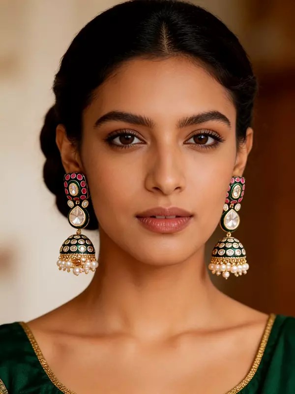 Meenakari Jhumka Earrings with Polki Stones and Pearl Drops