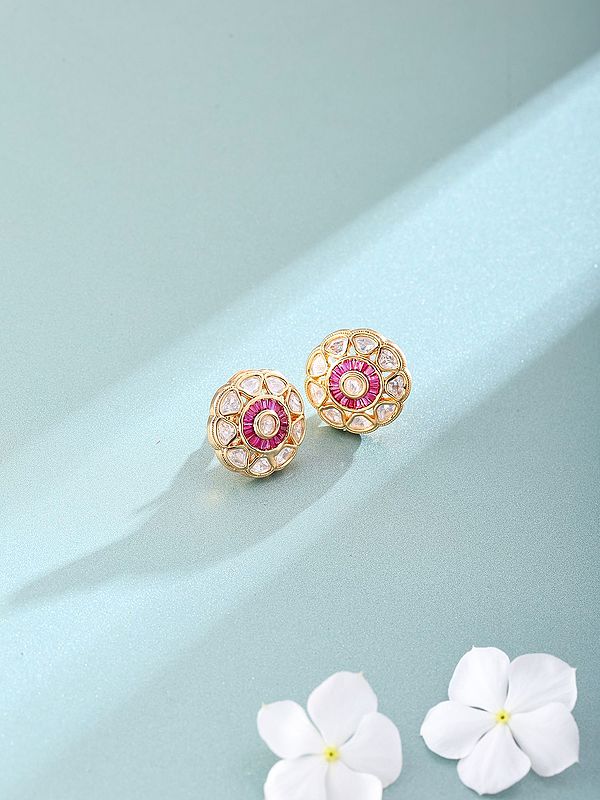 Floral Polki Stone Stud Earrings with Pink Stone Center