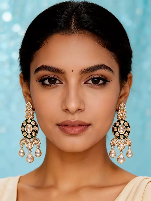 Teardrop Dangler Earrings with Green Meenakari and Polki