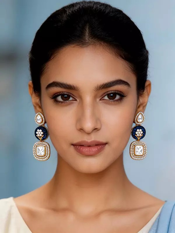 Polki Stone Drop Earrings with Floral Carving and Gold Accents