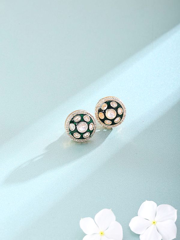 Polki Stone Stud Earrings with Green Base