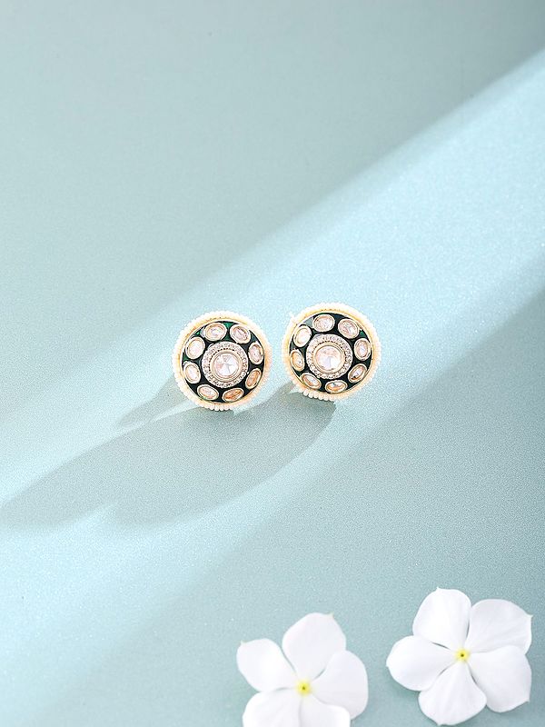 Green Base Polki Stud Earrings with Beaded Border