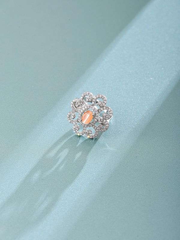 Peach Crystal Floral Sterling Silver Ring