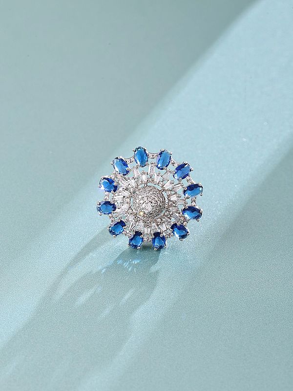 Floral Sunburst Sterling Silver Ring with Zircon Accents - Adjustable