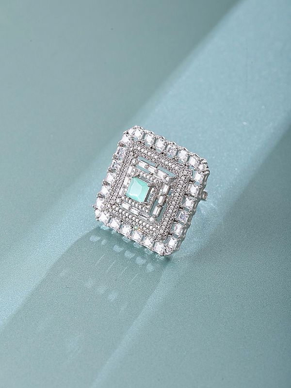 Sterling Silver Ring with Concentric Square Design and Gemstone