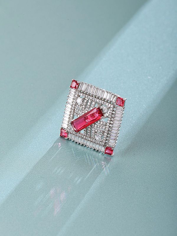Adjustable Sterling Silver Ring with Geometric Crystal Frame and Red Stones
