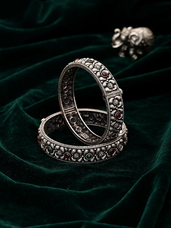Sterling Silver Bangles with Beaded Floral Motif (Pair)