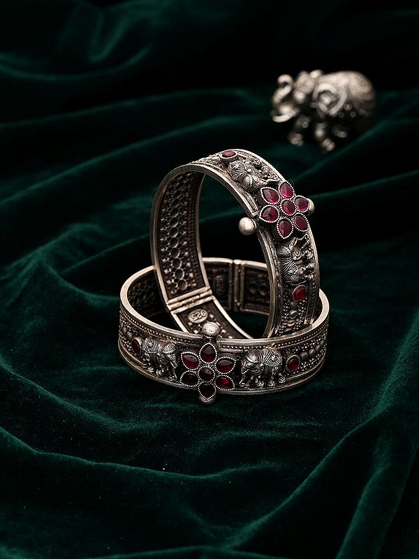 Sterling Silver Elephant Engraved Openable Bangles (Pair)