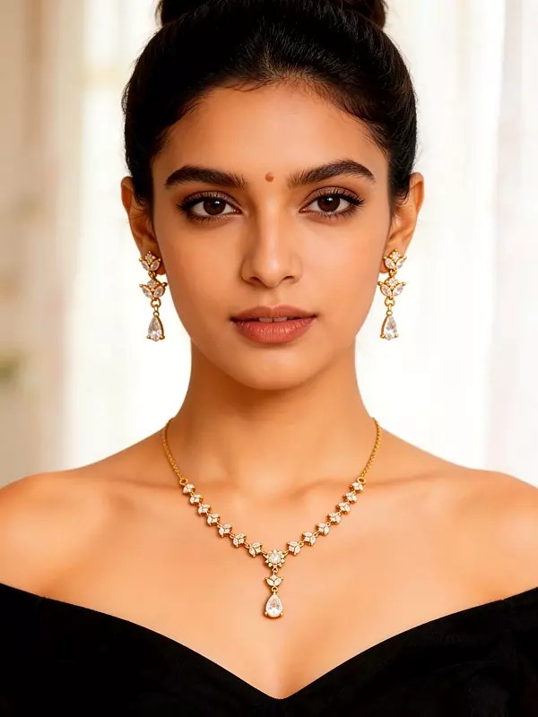 Sterling Silver Floral Necklace and Earrings Set with Teardrop Zircon Accent