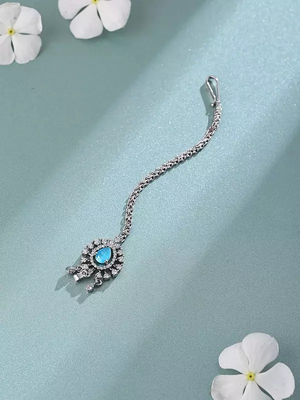 Sterling Silver Maang Tikka with Blue Teardrop Stone and Crystal Details