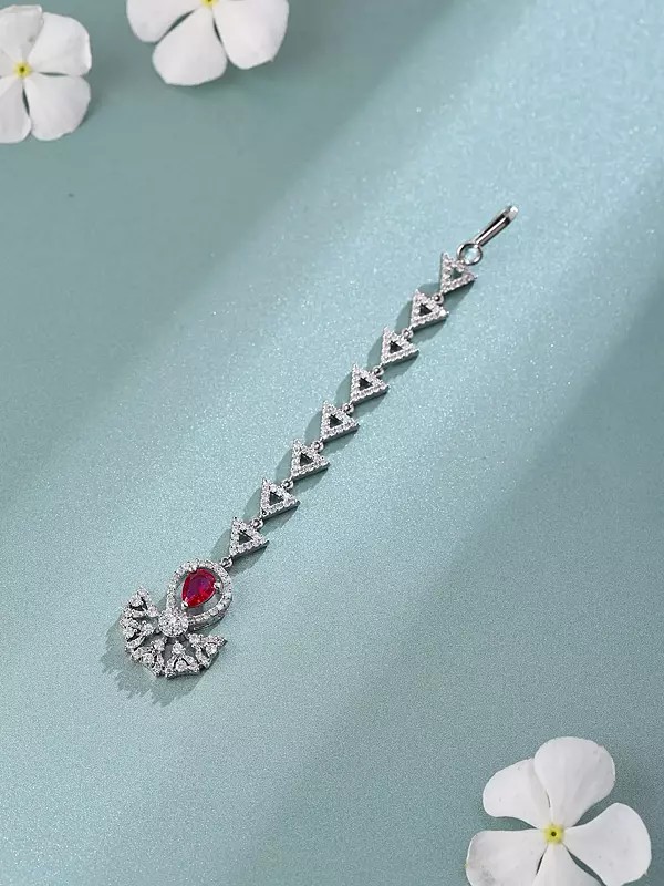 Sterling Silver Triangle Drop Maang Tikka with Crystal Accents