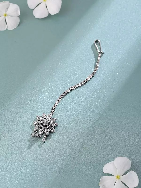 Sterling Silver Floral Maang Tikka with Crystal Accents