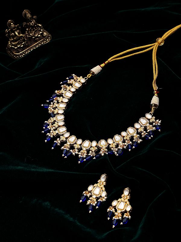 Kundan Style Sterling Silver Necklace Set with Blue Bead Drops & Earrings