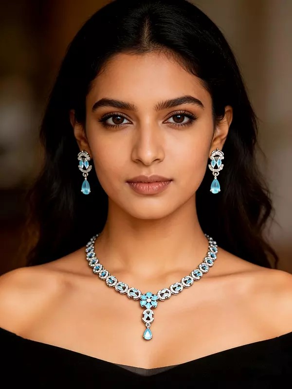 Blue Stone Sterling Silver Jewelry Set - Necklace and Earrings with Floral Motif