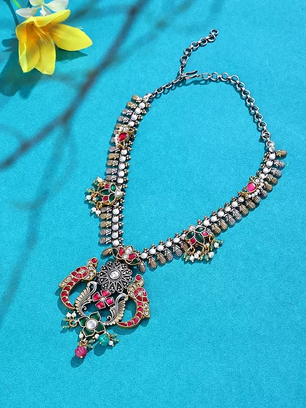 Sterling Silver Peacock Necklace with Kundan and Bead Drops
