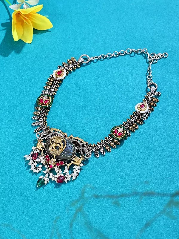 Sterling Silver Peacock Necklace with Kundan Stones and Pearl Drops