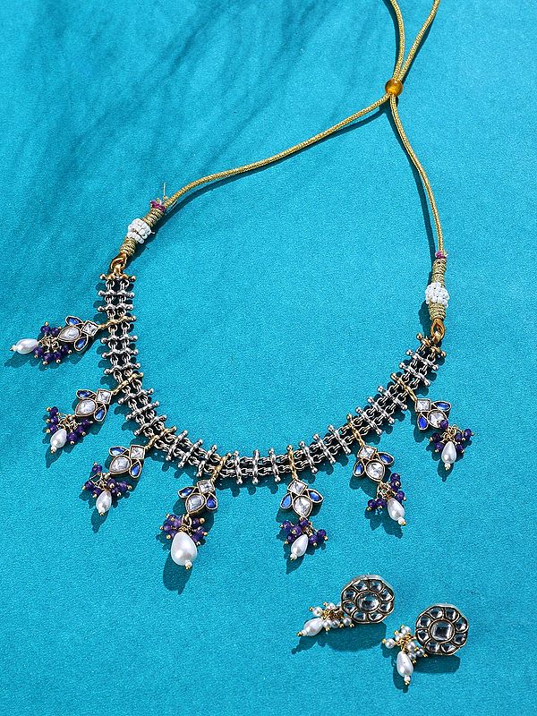 Sterling Silver Tribal Necklace Set Featuring Kundan Studs and Pearl Danglers