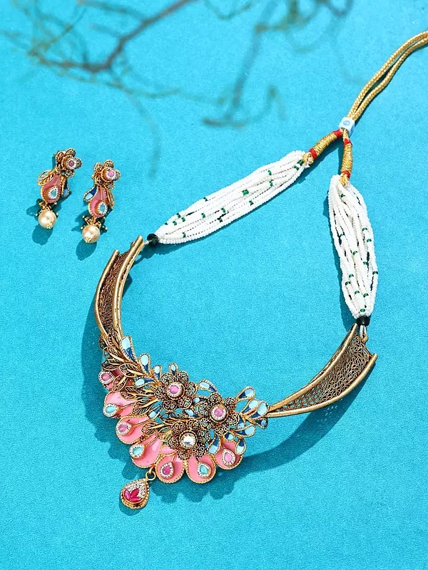 Pink Floral Enamel Filigree Necklace Set with Kundan Studded Earrings