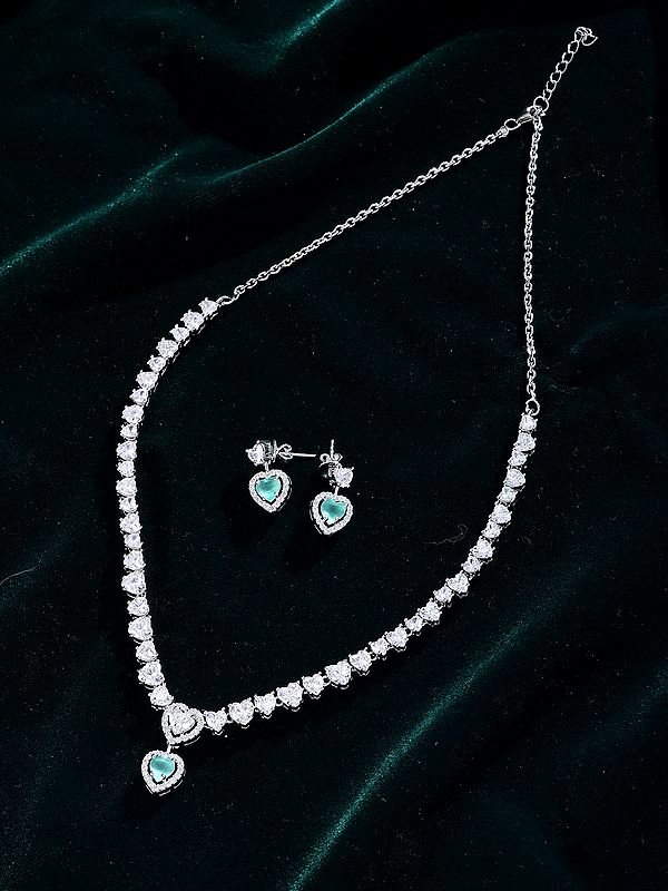 Sterling Silver Necklace and Earrings with Heart Cut Zircon Stones
