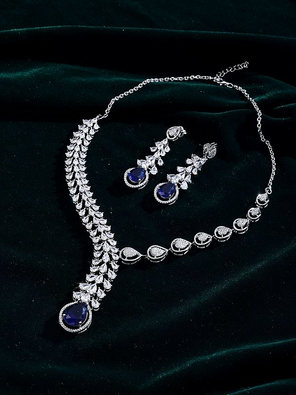Adjustable Leaf Design Sterling Silver Necklace and Earring Set with Blue Gemstone