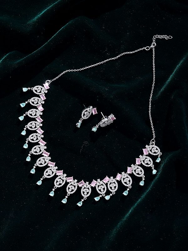 Sterling Silver Necklace Set with Pink and Aqua Stone Drop Danglers