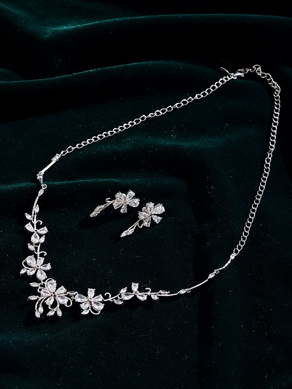 Chic Silver Flower Necklace and Earring Set - Adjustable Design