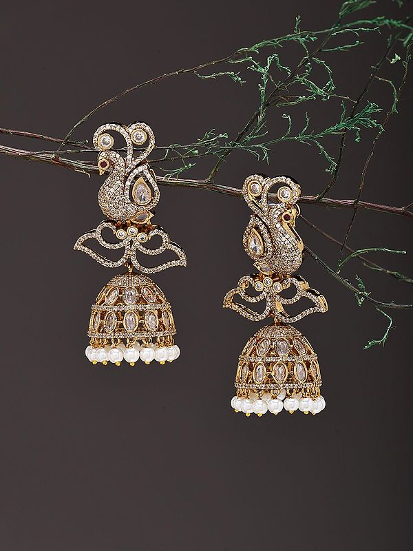 Jhumka Earrings with Peacock Motif, Stones, and Pearl Drops