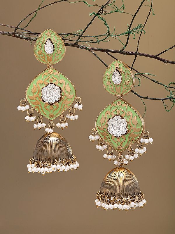 Jhumka Earrings with Green Enamel and Pearl Dangles