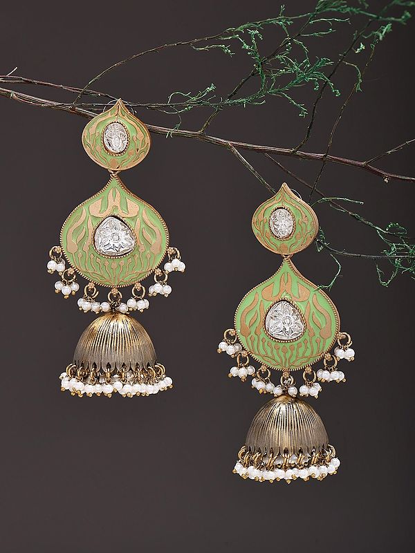 Handcrafted Green Enamel Jhumka Earrings with Pearl Accents