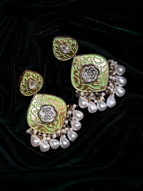 Teardrop Design Meenakari Earrings with Pearl Drop