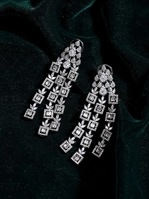 Sparkling Zircon Stone Dangle Earrings with Floral Motif and Three Strands