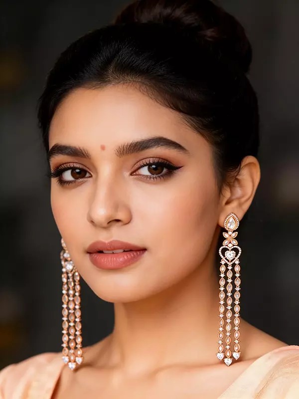 Long Drop Earrings with Heart Cut Zircon and Dangle Gemstone Strands